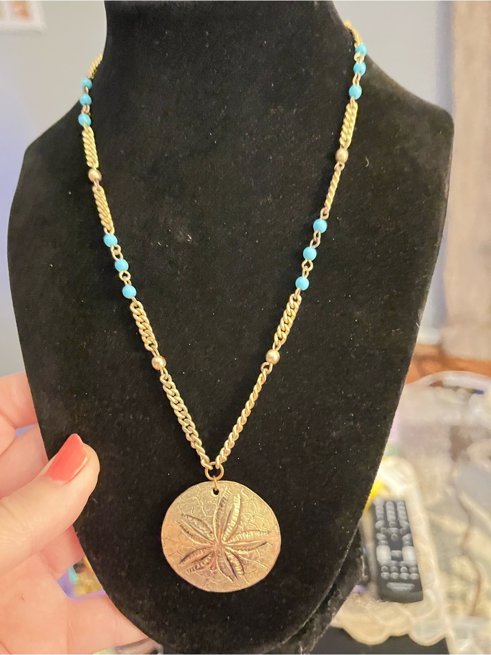 Gold Starfish Pendant Necklace with Turquoise Beads - Women's Jewelry